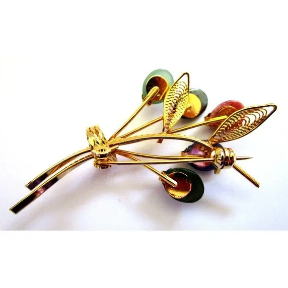 Vintage Gold Tone Flower Brooch Pin with Various Gemstone Flowers - Estate 1990s - Picture 6 of 7